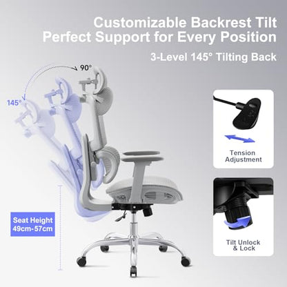 Ergonomic Office Chair with 3D Headrest, Computer Chair with Adjustable Backrest & 3D Armrest, Gaming Chair with Adaptive Lumbar Support, Mesh Backrest & Cushion, Grey - color: Grey, style: Eco