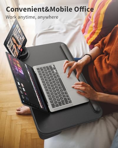 SAIJI Laptop Lap Desk with External Monitor Holder Fits Up to 17" Laptops | Lightweight Lap Tray Table Stand with Soft Leather Wrist Pad, Lap Desk with Cushion for Home Office Working/Gaming On Couch - color: Deep Black