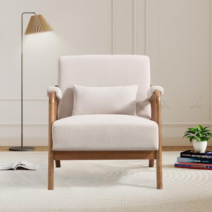 IOMOR Mid Century Modern Accent Chair with Solid Wood Frame, Upholstered Living Room Chairs with Lumbar Cushion Padded Arms, Reading Armchair for Bedroom (1, Beige) - color: Beige
