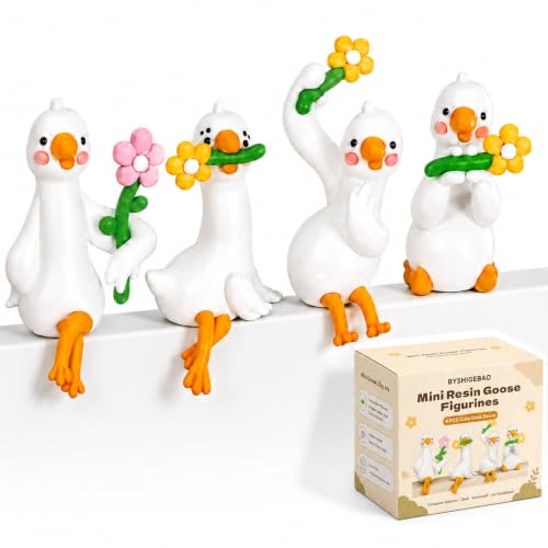 4Pcs Mini Resin Goose Figurines Set, Cute Desk Pets with Cable Holder | Computer Monitor Hanging Animals, Small Goose for Monitor, Bookshelf, Car Dashboard, Photo Frame, Goose Gifts for Coworkers