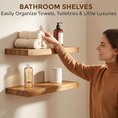 Dreamland 18 Inch Long Floating Shelves Set of 2, Rustic Solid Elm Wood Floating Shelf Wall Mounted, 8 Inch Deep Wall Shelves with Invisible Bracket for Living Room Bathroom Bedroom Kitchen, Natural - color: Natural, size: Flat Edge - 18"L