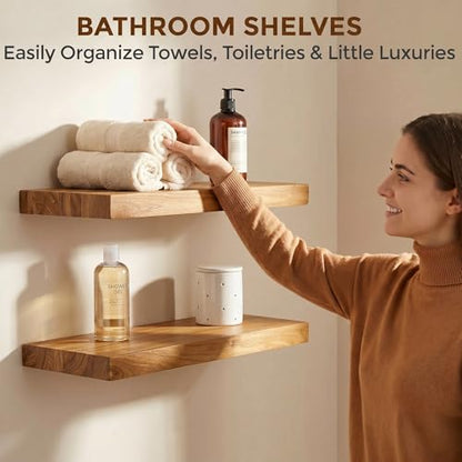 Dreamland 18 Inch Long Floating Shelves Set of 2, Rustic Solid Elm Wood Floating Shelf Wall Mounted, 8 Inch Deep Wall Shelves with Invisible Bracket for Living Room Bathroom Bedroom Kitchen, Natural - color: Natural, size: Flat Edge - 18"L