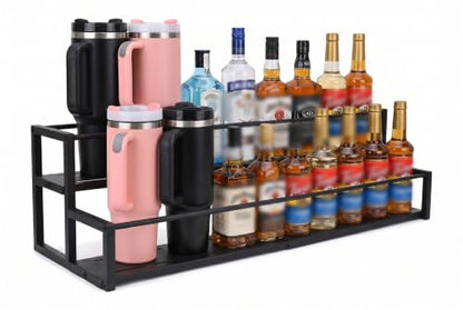 Expandable Coffee Syrup Organizer, 2-Tier Carbon Steel Stanley Cup Holder,Adjustable Water Bottle Organizer, Large Capacity Spice Racks & Wine Display Stand for Coffee Bar Kitchen Cabinet, Black