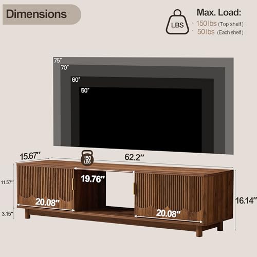 FurSch 62.2" Mid-Century Modern Fluted TV Stand, Walnut | Low Profile, 3D Slatted & Waved Design Panel, For Living Room Bedroom - color: Walnut