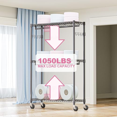M MZG Heavy Duty Rolling Garment Rack 3 Tiers Adjustable Wire Shelving Clothes Rack with 2 Rods and Side Hooks,Storage Closet Clothing Rack with Wheels Black 15.7" D x 45.3" W x 79.6" H - color: Black, size: 3 Tier and 2 Rod 15.7"D x 45.3"W x 79.6"H
