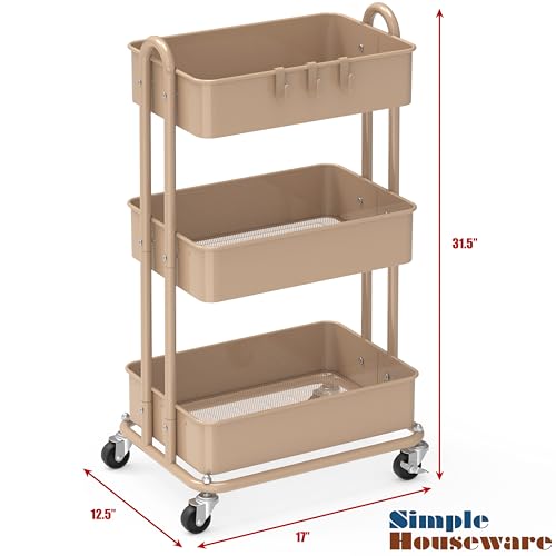 Simple Houseware 3-Tier Heavy Duty Metal Utility Rolling Cart, Khaki - color: Khaki