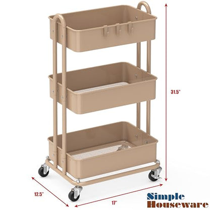 Simple Houseware 3-Tier Heavy Duty Metal Utility Rolling Cart, Khaki - color: Chrome