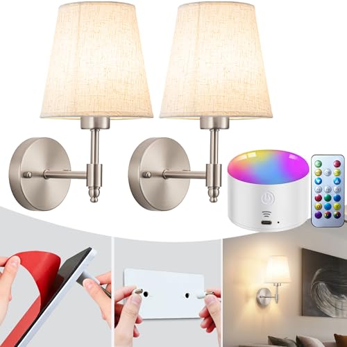 YHCDLAMP Peel and Stick Wall Sconces, No Drilling Stick On Wall Sconce, Wireless Battery Operated Wall Lights, Adhesive Wall Lamp with 10000mAh Battery Bulb for Bedroom Living Room Decor - color: Nickel-11.8inch