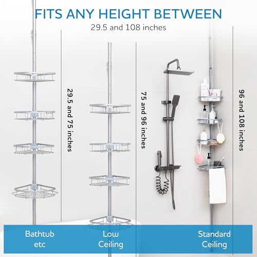 Rustproof Stainless Steel Shower Caddy Corner Organizer - Adjustable 29.5-108" Tension Pole with 4 Shelves, Non-Slip Base, Heavy-Duty Rust-Resistant Design, Includes 2 Hooks