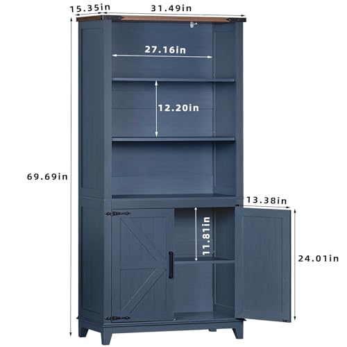 Joaxswe 70in Tall Bookshelf 5 Tier Bookcase with Barn Doors and Adjustable Shelves, Blue Farmhouse Book Shelf with Storage Cabinet, Wood Freestanding Display Bookshelves for Bedroom, Living Room - color: Blue, size: 1 Piece