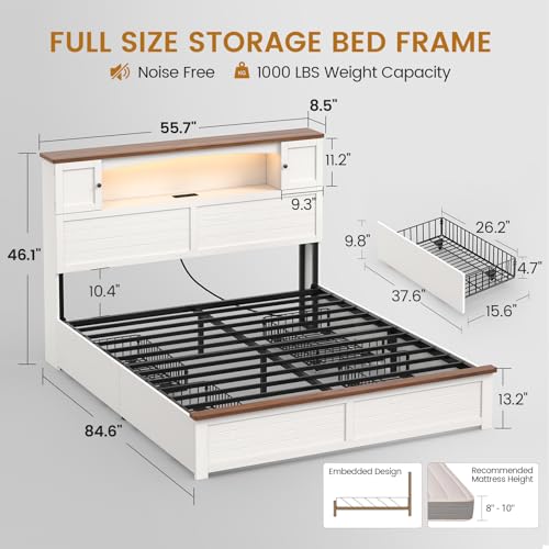 MSmask Farmhouse Bed Frame Full Size with Bookcase and Storage Cabinets Headboard, Wood Platform Bed with LED Lights, Charging Station, 4 Drawers, Decoration Footboard, No Box Spring Needed, White - color: White, size: Full