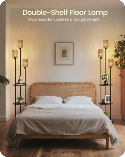 Floor Lamp with Shelves, Boho Floor Lamp with Foot Switch, 3-Light Standing Lamp, for Living Room, Bedroom, Study, Rustic Brown and Yellow YF53LD05 ﻿ - color: Rustic Brown+Rattan