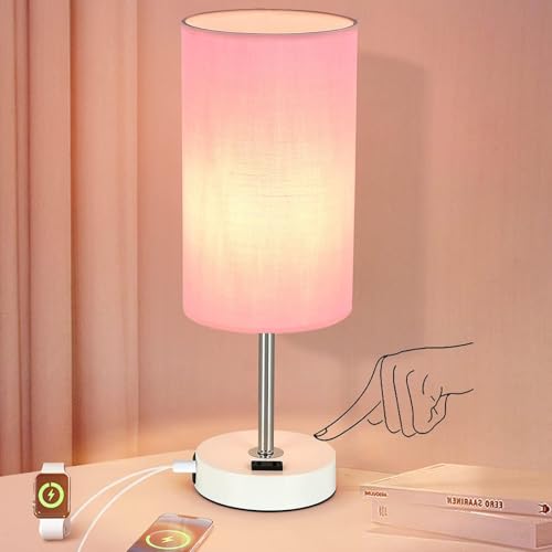 Table Lamp with USB Port - Desk Lamp Touch Lamp Bedside Lamps for Bedroom, 3 Way Dimmable Small Lamps for Living Room, Nightstand, Nursery, Dorm, Home, Office, White Base+ Pink Lampshade - color: Pink and White
