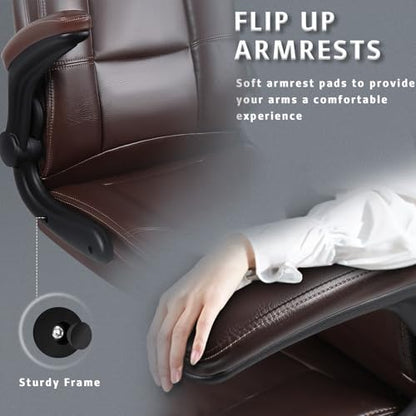 Flip-up Arms Office Desk Chair Big and Tall Managerial Executive Chair, High Back Computer Chair Ergonomic Adjustable Height PU Leather Chairs with Armrest for Long Time Sitting - color: New Brown