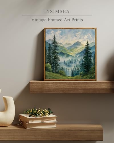 InSimSea Mountain Forest Canvas Wall Art Framed 12x12, Landscape Art Print | Vintage Peaceful Mountain View Nature Scenic Artwork for Living Room Bedroom Office Rustic Home Decor - color: Misty Mountains, size: 12"L x 12"W