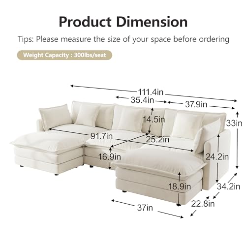Modular Sectional Sofa, 111.5 Inch U Shaped Couch Set for Living Room, 3-Seater Comfy Cloud Couches with Movable Ottoman, DIY Combination, Chenille, Beige - color: Beige, size: 111.5 Inch- U