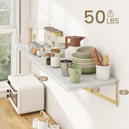 Dreamland Wall Mounted Floating Shelves Set of 2, 24x12, White&Gold | Engineered Wood, Visible Bracket, Large Storage, Hold Up to 50lbs, Living Room, Bathroom, Bedroom, Kitchen - color: White&gold, size: 24"W x 12"D