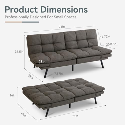 Futon Sofa Bed Convertible Couch, Grey Linen Sofa Bed | Adjustable Backrest & Armrests, Multifunctional Small Loveseat Sleeper Sofa for Living Room, Apartment, Office, Foam Couch - color: A1 | Dark Grey