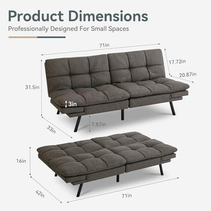 Futon Sofa Bed Convertible Couch, Grey Linen Sofa Bed | Adjustable Backrest & Armrests, Multifunctional Small Loveseat Sleeper Sofa for Living Room, Apartment, Office, Foam Couch - color: A1 | Dark Grey