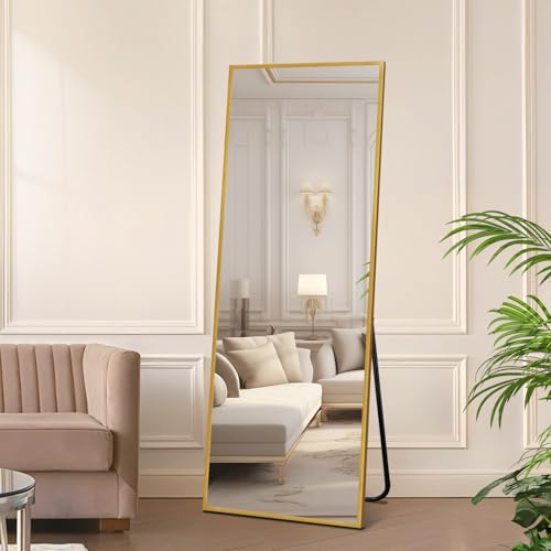 Full Length Floor Mirror 57"x17", Floor Standing with Aluminum Frame, Freestanding/Leaning/Wall Mount, Shatter-Resistant Glass for Bedroom, Living Room, Gold | Aluminum Alloy Frame, Freestanding, Leaning, Wall Mount, Shatter-Resistant Glass, No Assembly f