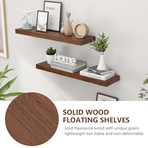fuqing 30 Inch Floating Shelves 6.7'' Deep Dark Wood Wall Shelves Set of 2 | 30'' x 6.7'' x 1.4'' Rustic Wood Shelves for Bathroom, Living Room, 40LBS, Lightweight, Hardware Included, Waterproof Finish - color: Walnut, size: 30 Inch