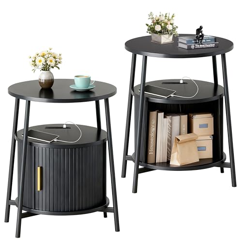 DHH Round End Tables Set of 2 & Charging Station, Fluted Accent Side Table with Sliding Door, Mid-Century Modern Nightstand Set of 2 for Small Space Storage, Living Room, Bedroom,Sofa Couch(2, Black) - color: Black