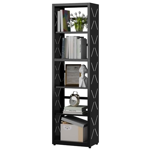 SteeLoong 5 Tier Bookcase,Metal Bookshelf with Adjustable Feet & Shelves | 55"H Black Book Shelf with Bookends,Narrow Bookcase for Small Places,Modern Open Bookshelf for Home Office,Kitchen,Garage - color: Black, size: 5-Tier 16"W