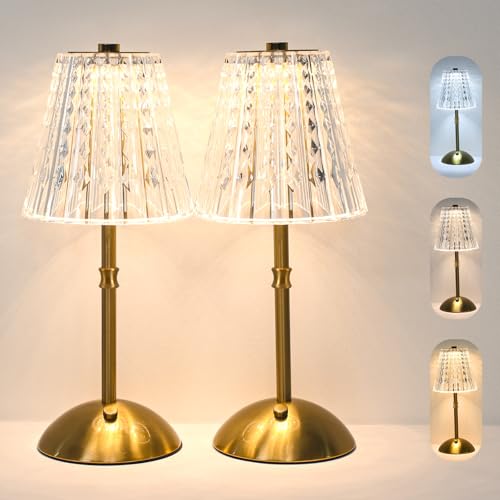 2 Pack Touch Cordless Table Lamp Rechargeable, 3600mAh Battery Operated Small Crystal Lamp, 3 Color Dimmable Vintage Gold Table Light for Bedroom/Kitchen/Gift for Home Décor (Vintage) - style: Vintage