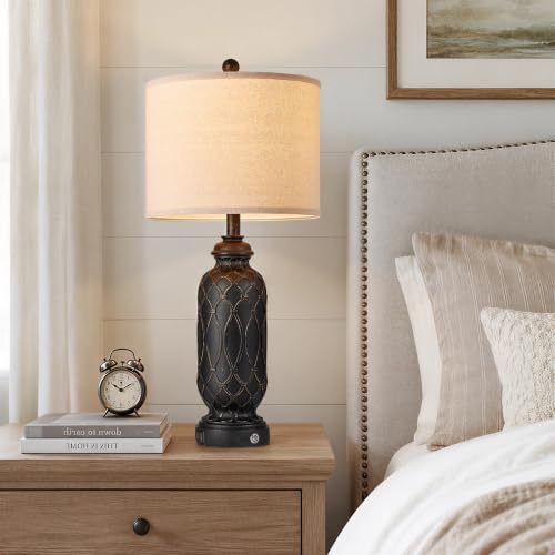 Black Farmhouse Lamps for Living Room Set of 2, 28" Bedroom Lamps Set of 2 with USB Ports, Dimmable Bedside Lamps Nightstand Lamps - color: 5.Black-Gold