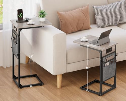 C Shaped End Table with Charging Station, Adjustable Height Side Table for Couch Recliner, Small Sofa Table with Storage Bag, Slide Under Sofa TV Tray Arm Table for Living Room, Bedroom, Gray - color: Greige, style: With Plug