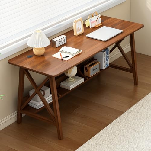 NELYE Extra Long Writing Desk with Bookshelf, 55" Wx20 Dx30 H, Walnut | Wooden Home Office Work Study Table, Computer Gaming Workstation with Storage Shelf, Sturdy MDF Resists Wobble - color: Walnut, size: 55"W20"D