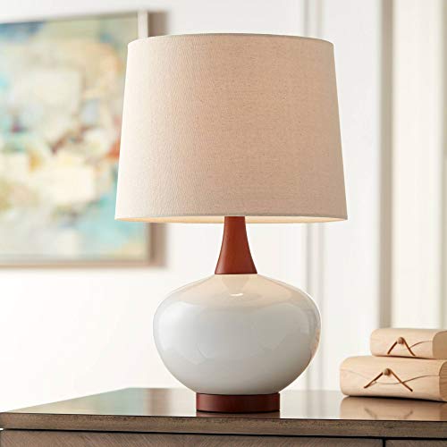 Brice 23" High Table Lamp Ivory Wood Mid-Century Ceramic Mid Century Modern | White Neck Bedroom Living Room House Home Bedside Nightstand Office Family Tapered Drum Shade - color: Wood and White Smooth Ceramic