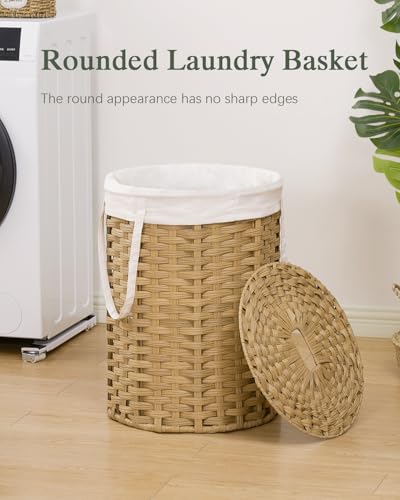 SETVSON Laundry Hamper with Lid Laundry Basket with Lid 72L, Natural | 19 Gal Round PE Rattan Hamper with Lid, Removable Washable Liner Bag, 2 Mesh Wash Bags, Steel Frame, Handles - color: Natural, size: 72 L