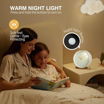 Back to School Silent Analog Quartz Alarm Clock for Kids Bedroom,Night Light, Battery Operated, Fashionable Round Metal - color: White