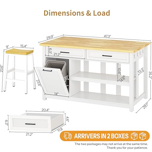 Kitchen Island with Storage and Seating Include 2 Bar Stools, Drawers,White | 47" Solid Rubberwood Top Kitchen Island with Trash Can Storage, Power Outlet, 6 Hooks, Coffee Bar Cabinet, Dining Table for 2 - color: White