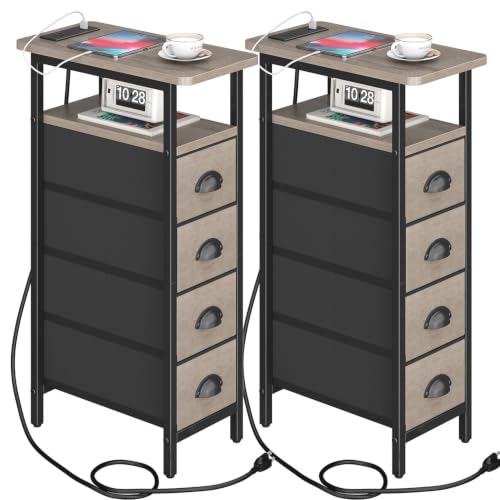 sthmec Nightstand with Charging Station, Narrow Night Stand Set of 2 with 4 Drawers, Skinny Side Table with Fabric Drawers,Slim Sofa Couch Tables for Small Spaces,Living Room,Bedroom, Grey - color: Grey, style: Power
