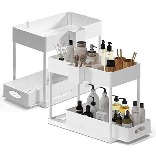2-Pack White Under Sink Organizers with Hanging Hooks, Quick-Access Caddy, 2-Tier, Non-Slip Rubber Grips, Drain Holes - color: White, size: Pull-Out - 2 Pack