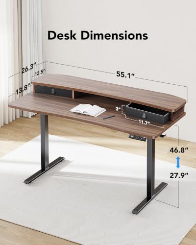 HUANUO 55" x 26" Electric Standing Desk with 2 Drawers, C-Clamp Mount Compatible, Height Adjustable Computer Desk, Home Office Stand Up Desk with 4 Preset Heights & 2 Hooks, Walnut - color: Walnut, size: 55" X 26"