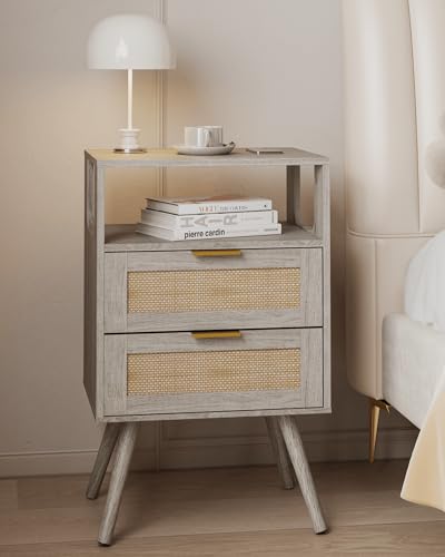 Rattan Nightstand,Farmhouse Bedside Table with 2 Storage Drawer and Open Wood Shelf, for Bedroom and Small Spaces,Night Stand with Solid Wood Legs (Grey Oak) - color: Grey Oak