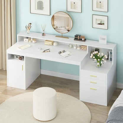 65" White Computer Desk with 3 Drawers & Printer Shelf for Home Office | White Desk with Printer Shelf & File Drawer, Executive Desk Writing Study Table with Monitor Stand, Storage Cabinet - color: White