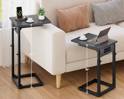C Shaped End Table with Charging Station, 33" Tall Side Table for Couch, Adjustable Height C Table End Table, Couch Table Slide Under Sofa Table TV Tray Table for Living Room, Gray Walnut - color: Gray Walnut, style: Charging Station