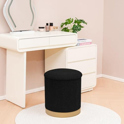 Round Storage Ottoman with Reversible Tray Top, 16.3" Boucle Ottoman Footrest Stool with Metal Base, Upholstered Vanity Stool with Storage for Living Room Bedroom, Black - color: Teddy-black
