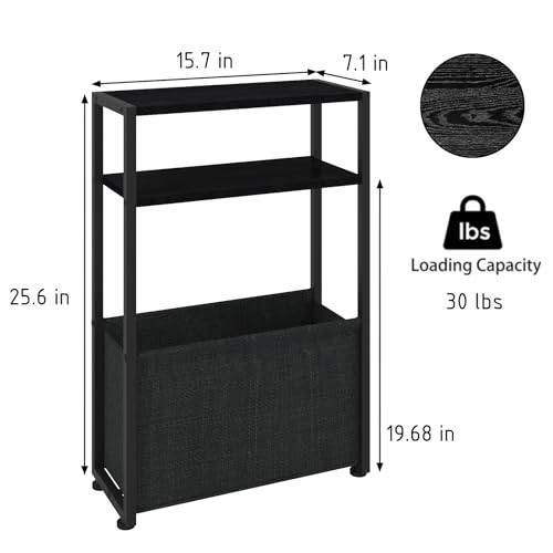 Leomonio Narrow Side Table, Slim End Tables with Fabric Basket, Skinny Table for Small Spaces, Thin Bedside Table for Living Room, Bedroom (1, Ebony Black + Slate Gray) - color: Ebony Black + Slate Gray