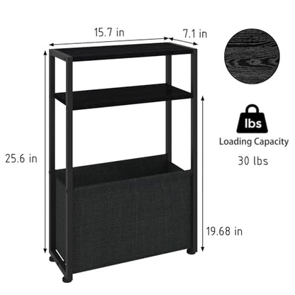 Leomonio Narrow Side Table, Slim End Tables with Fabric Basket, Skinny Table for Small Spaces, Thin Bedside Table for Living Room, Bedroom (1, Ebony Black + Slate Gray) - color: Ebony Black + Slate Gray