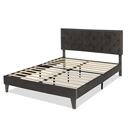 Upholstered Queen Bed Frame, Velvet Mattress Foundation w/Solid Wooden Slats Support, Button Tufted & Nailhead Trim Headboard, No Box Spring Needed, Easy Assembly, Low Platform Bed Frame - size: Queen (U.S. Standard)
