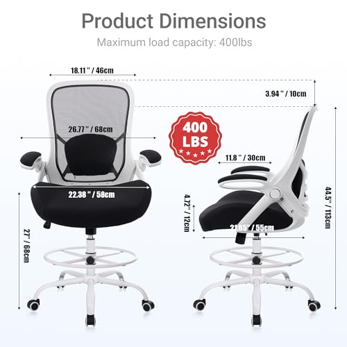 400lbs Heavy Duty Drafting Chair 5" Thickened Seat Office Chair with Flip-Up Armrests Tall Ergonomic Computer Chair with Lumbar Support and Adjustable Footrest Ring Standing Desk Chair (Black) - color: Black&white
