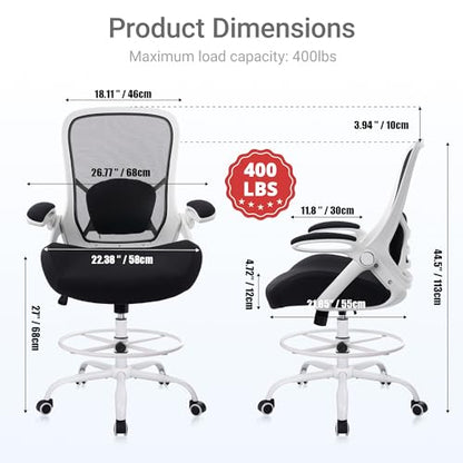 400lbs Heavy Duty Drafting Chair 5" Thickened Seat Office Chair with Flip-Up Armrests Tall Ergonomic Computer Chair with Lumbar Support and Adjustable Footrest Ring Standing Desk Chair (Black) - color: Black&white