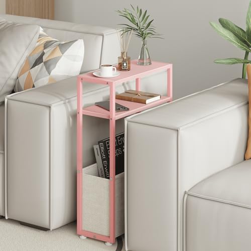 Leomonio Narrow Side Table, Slim End Tables with Fabric Basket, Skinny Table for Small Spaces, Thin Bedside Table for Living Room, Bedroom (1, Jelly Pink + Cream White) - color: Jelly Pink + Cream White