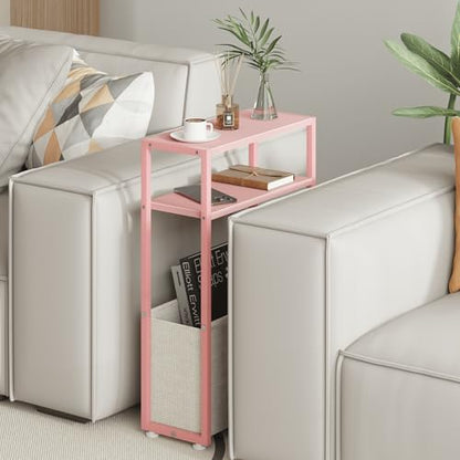 Leomonio Narrow Side Table, Slim End Tables with Fabric Basket, Skinny Table for Small Spaces, Thin Bedside Table for Living Room, Bedroom (1, Jelly Pink + Cream White) - color: Jelly Pink + Cream White