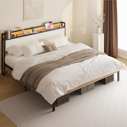 LIKIMIO King Size Bed Frame with Headboard, LED Lights and Charging Station | Upholstered sherpa storage headboard with LED & charger; heavy-duty slats; noise-free; modern elegance; natural and cream - color: Natural and Cream, size: King